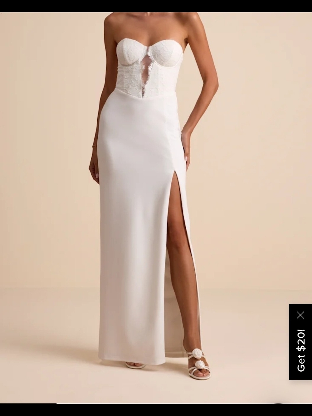 Lulu's Pruitt Strapless White Lace Bustier Gown with Thigh Slit Size Xl Nwt